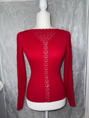 Cache Red Long Sleeve Knit Top with Lace-Trim Panel